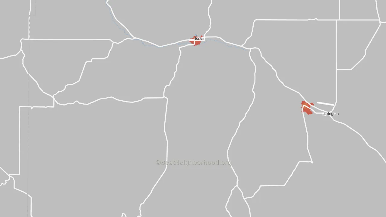 Walk Grade map of Ione, OR, walkable areas in green and car-dependent areas in red