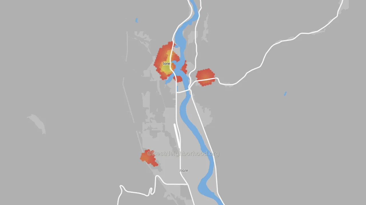 Walk Grade map of Ione, WA, walkable areas in green and car-dependent areas in red
