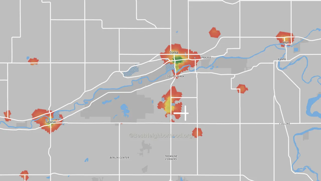 Walk Grade map of Ionia County, MI, walkable areas in green and car-dependent areas in red