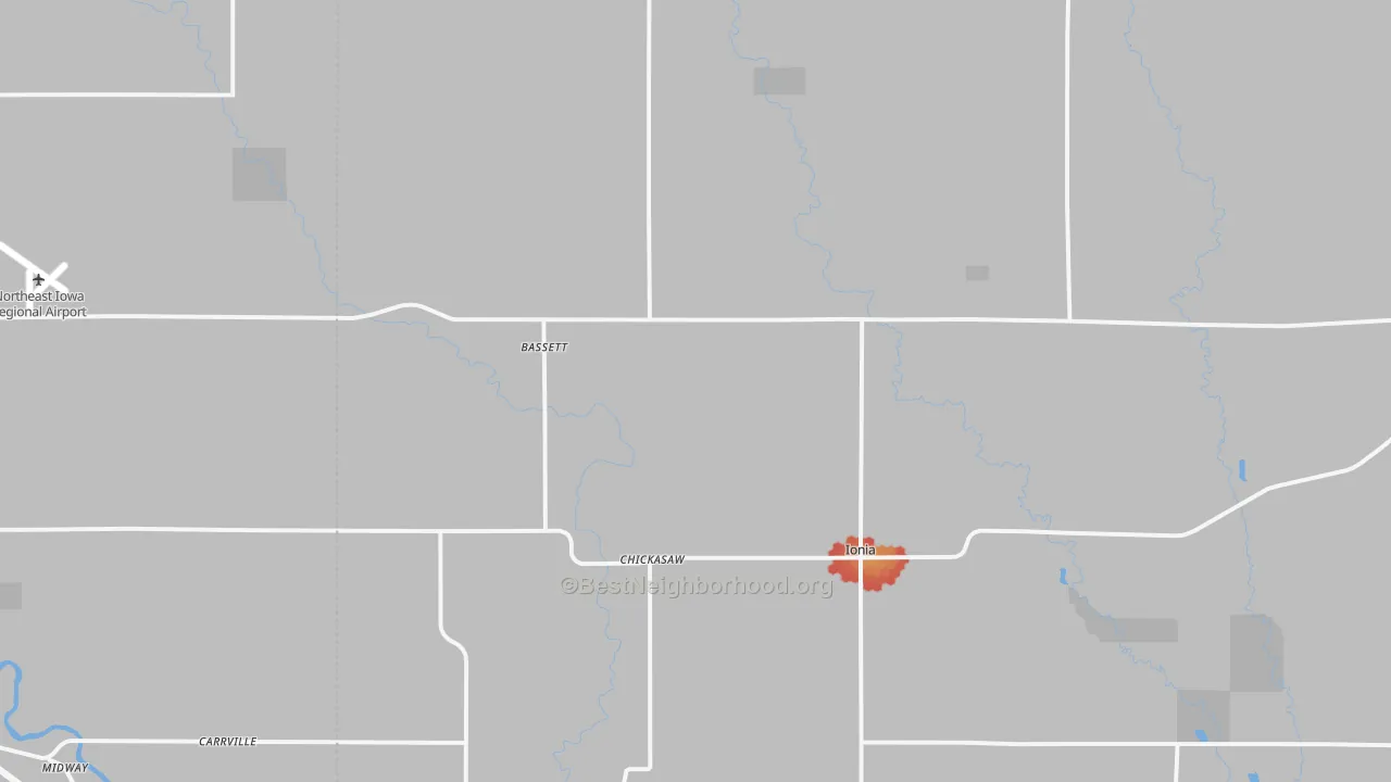 Walk Grade map of Ionia, IA, walkable areas in green and car-dependent areas in red