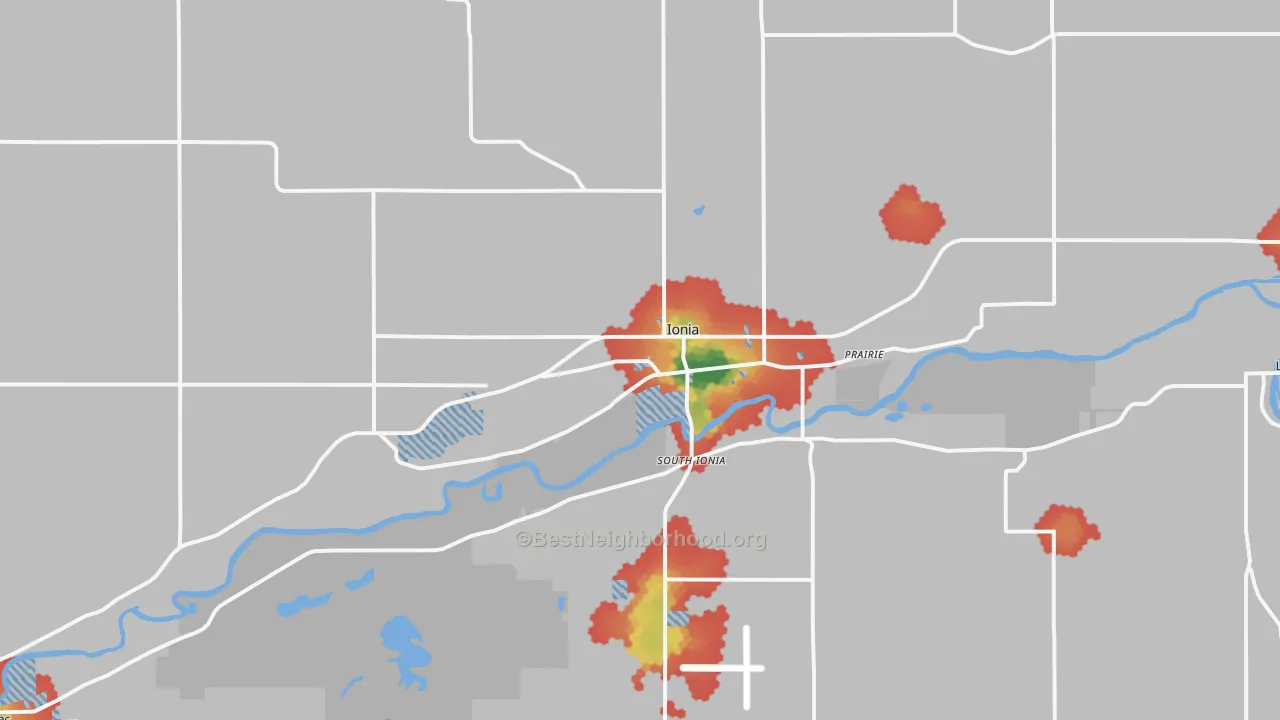 Walk Grade map of Ionia, MI, walkable areas in green and car-dependent areas in red