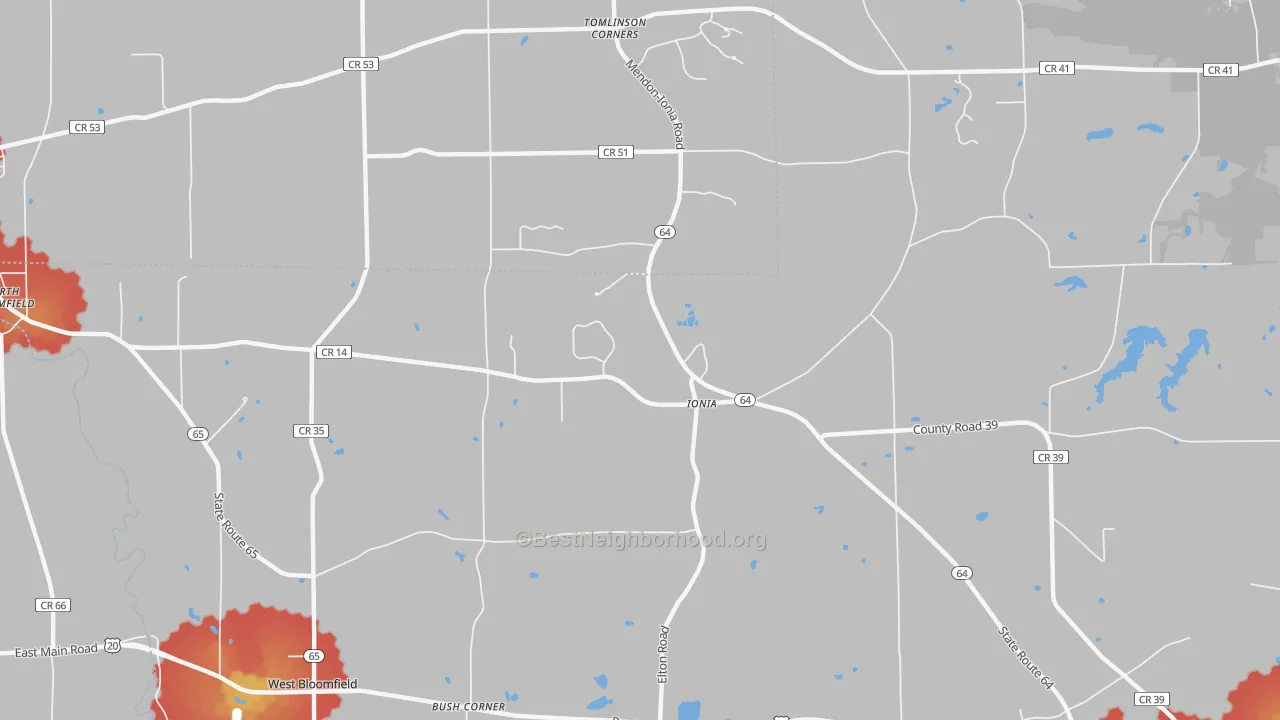 Walk Grade map of Ionia, NY, walkable areas in green and car-dependent areas in red