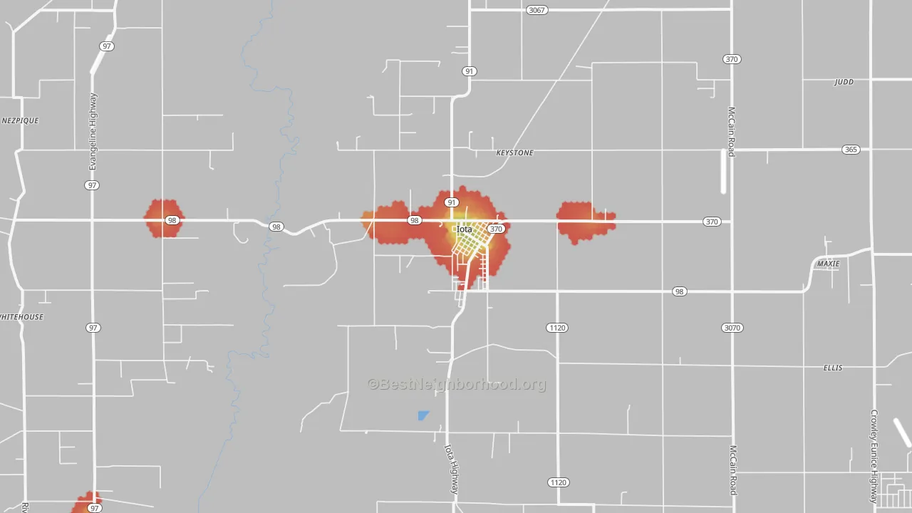 Walk Grade map of Iota, LA, walkable areas in green and car-dependent areas in red