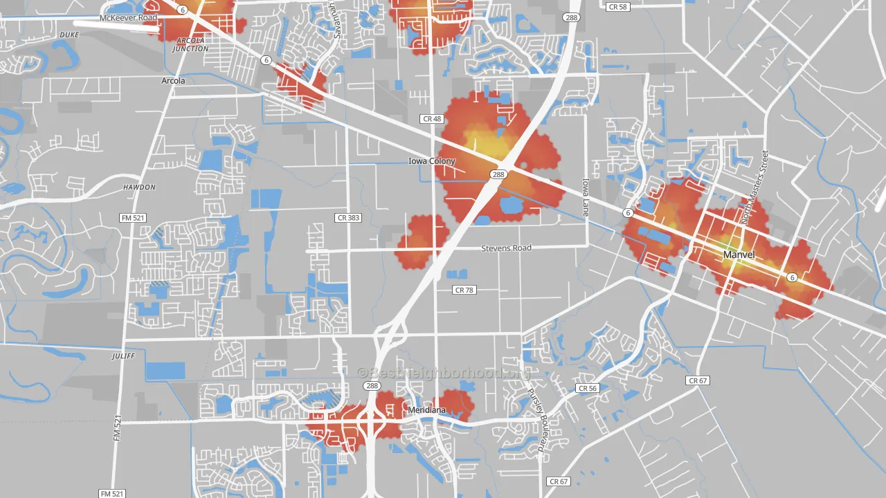 Walk Grade map of Iowa Colony, TX, walkable areas in green and car-dependent areas in red