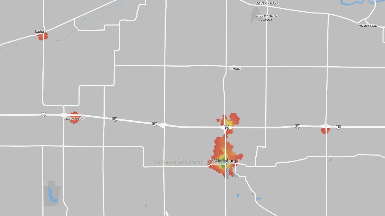 Walk Grade map of Iowa County, IA, walkable areas in green and car-dependent areas in red