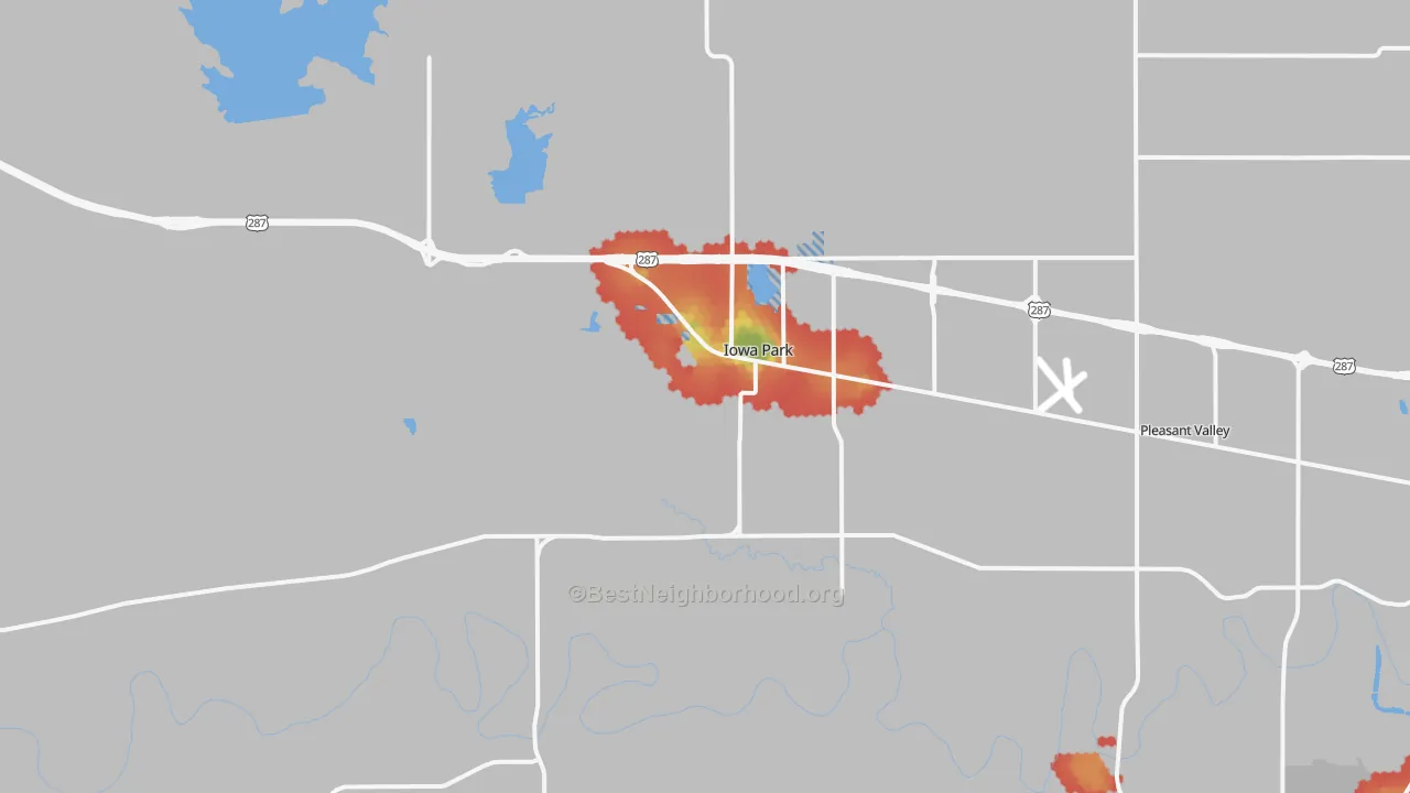 Walk Grade map of Iowa Park, TX, walkable areas in green and car-dependent areas in red