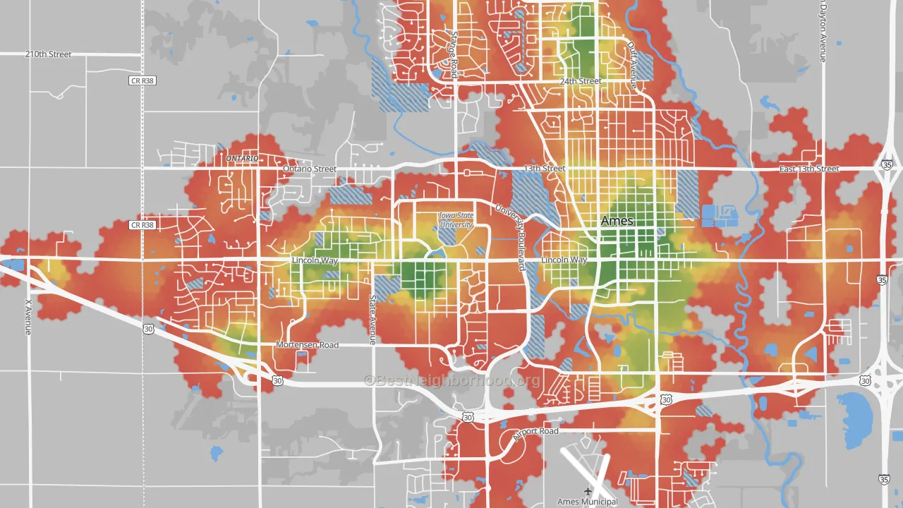 Walk Grade map of Iowa State University, Ames, IA, walkable areas in green and car-dependent areas in red