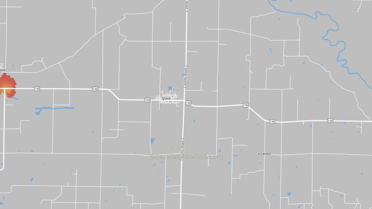 Walk Grade map of Ipava, IL, walkable areas in green and car-dependent areas in red