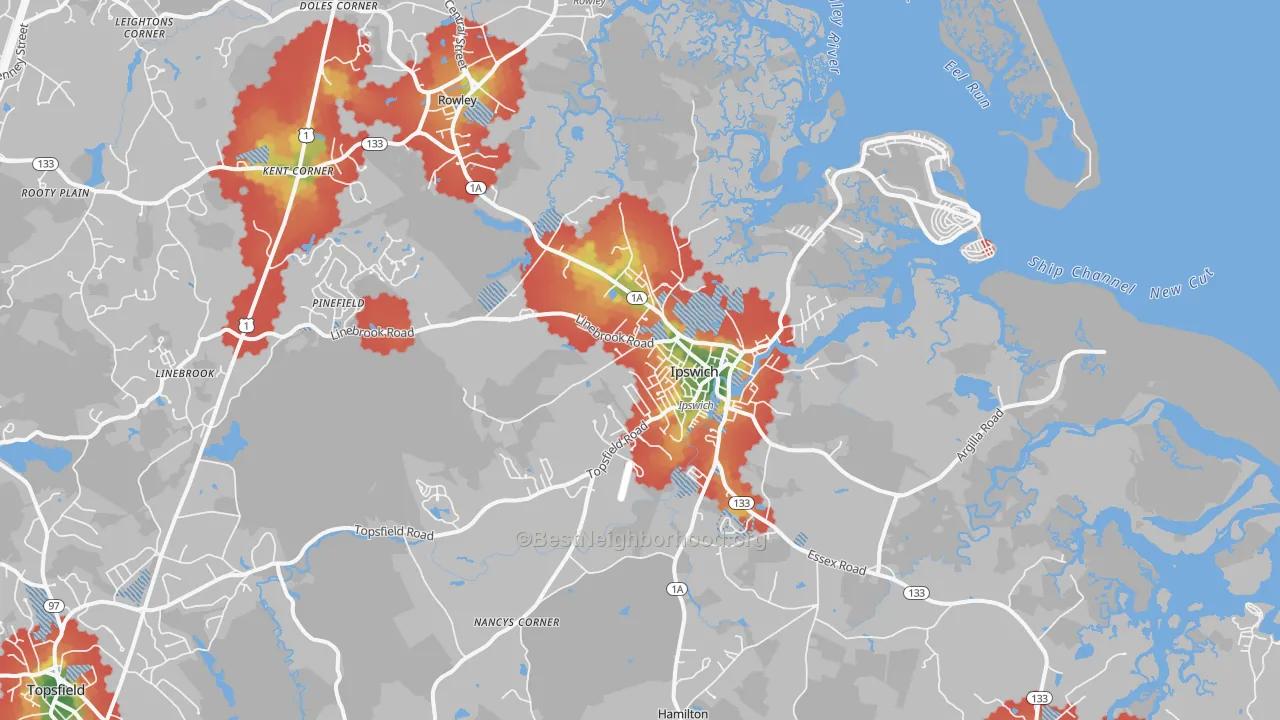 Walk Grade map of Ipswich, MA, walkable areas in green and car-dependent areas in red