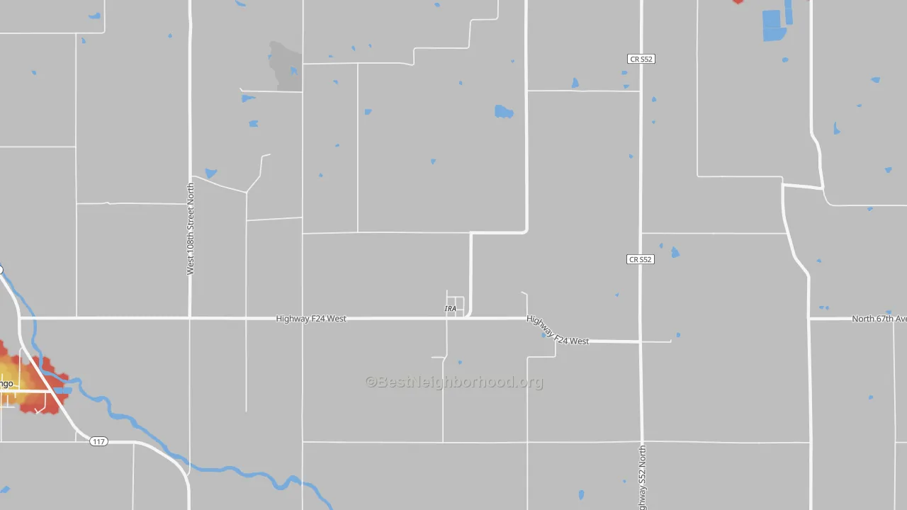 Walk Grade map of Ira, IA, walkable areas in green and car-dependent areas in red
