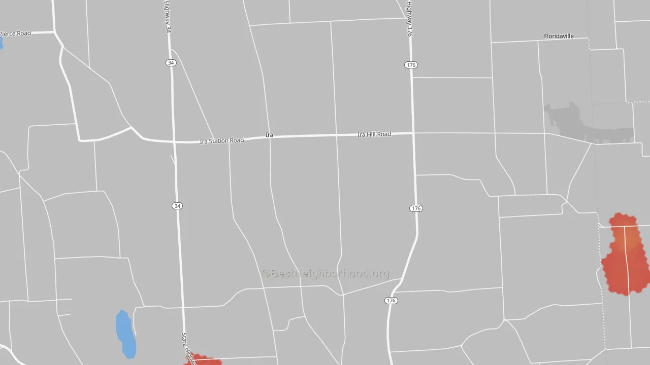 Walk Grade map of Ira, NY, walkable areas in green and car-dependent areas in red