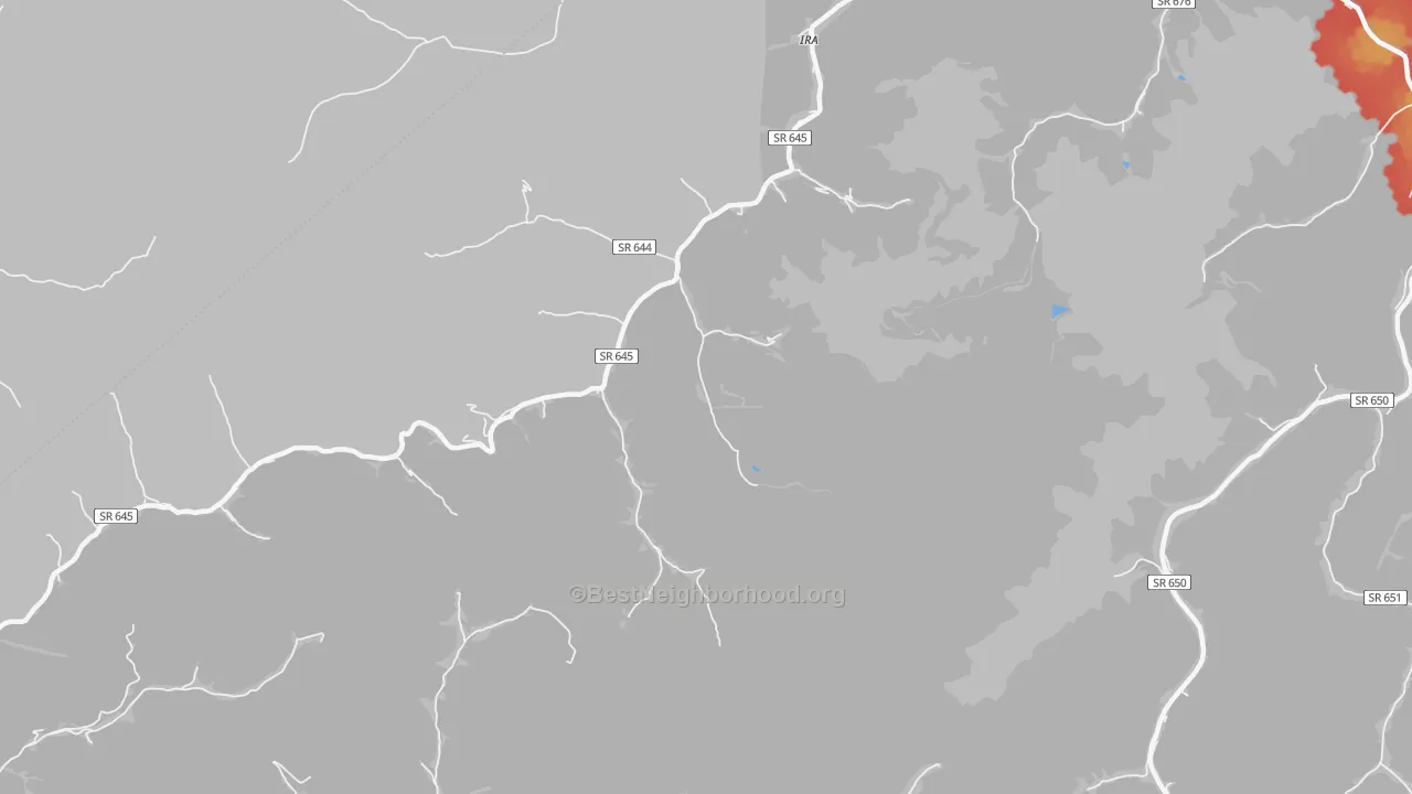 Walk Grade map of Ira, VA, walkable areas in green and car-dependent areas in red