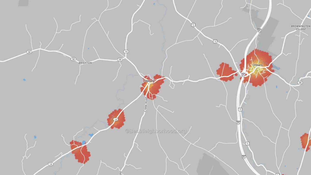 Walk Grade map of Irasburg, VT, walkable areas in green and car-dependent areas in red
