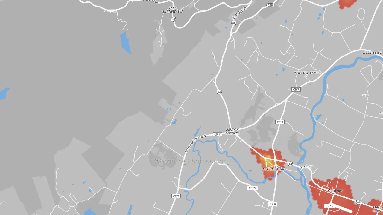 Walk Grade map of Ireland Corners, NY, walkable areas in green and car-dependent areas in red