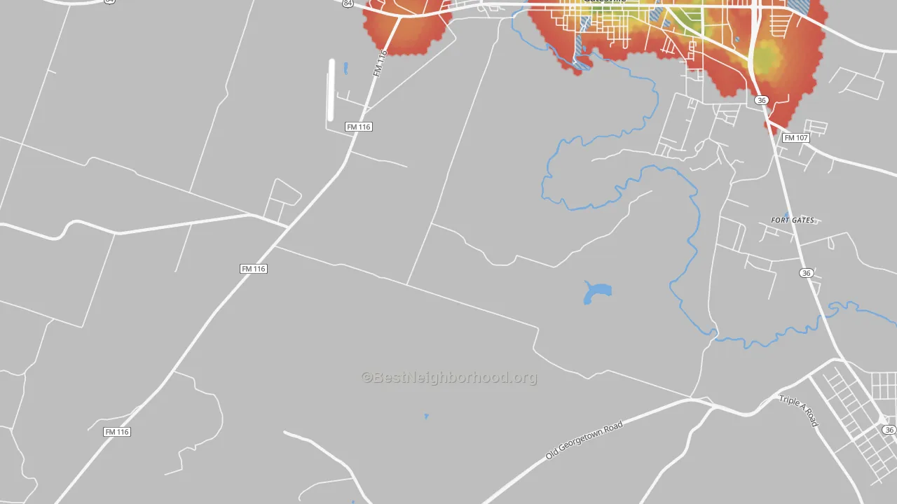 Walk Grade map of Ireland, TX, walkable areas in green and car-dependent areas in red