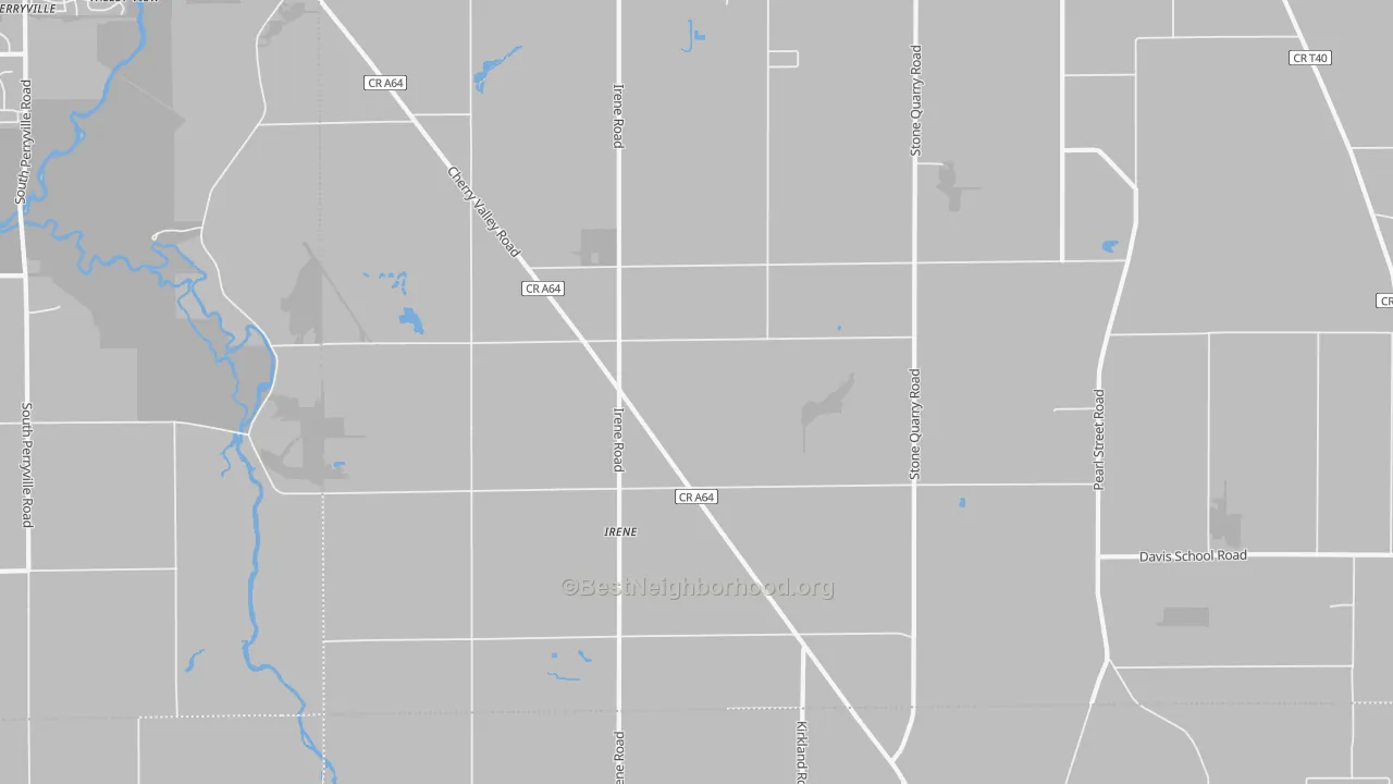 Walk Grade map of Irene, IL, walkable areas in green and car-dependent areas in red