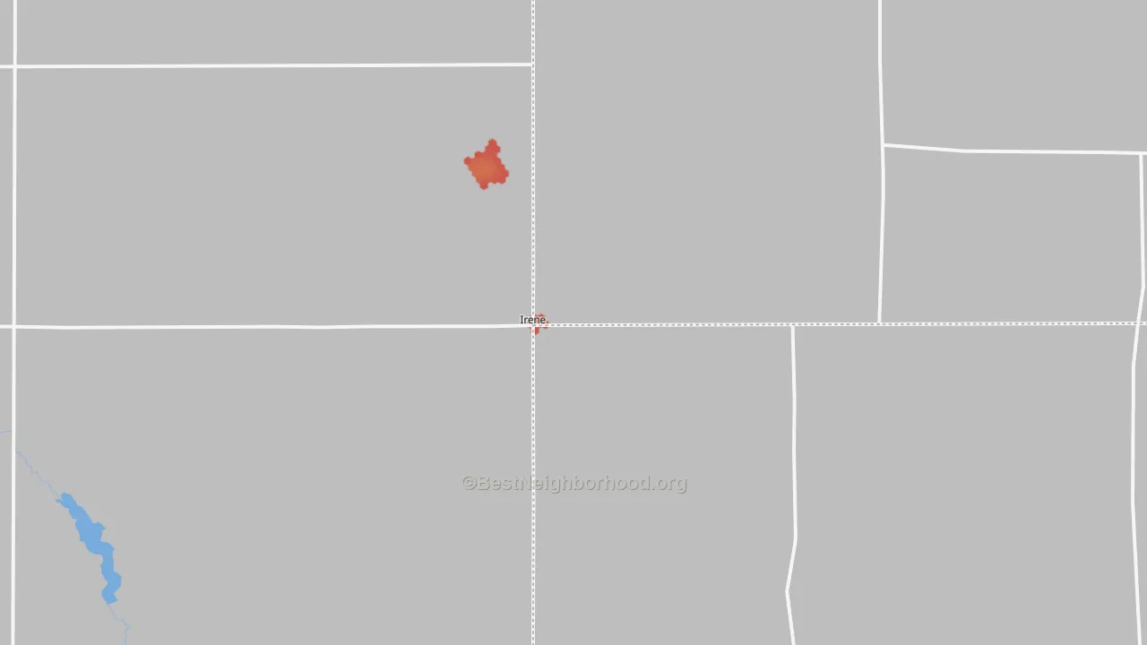 Walk Grade map of Irene, SD, walkable areas in green and car-dependent areas in red