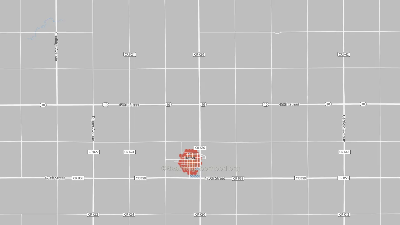 Walk Grade map of Ireton, IA, walkable areas in green and car-dependent areas in red