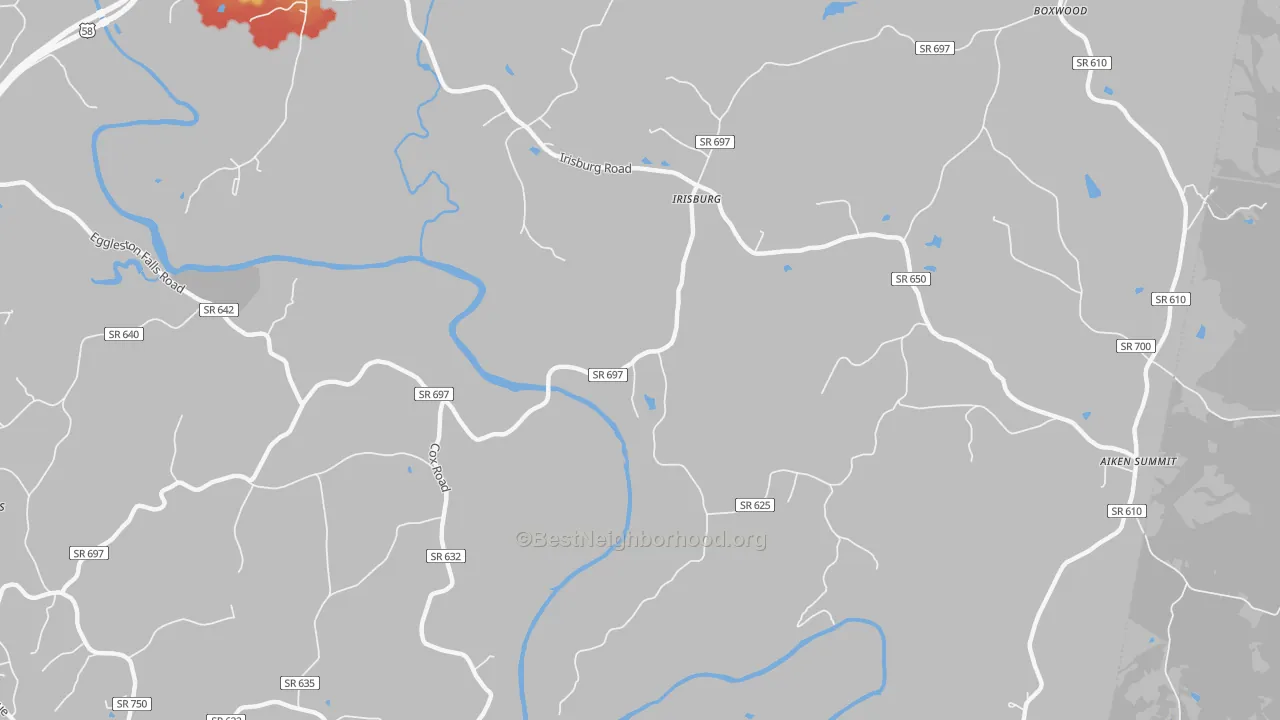 Walk Grade map of Irisburg, VA, walkable areas in green and car-dependent areas in red