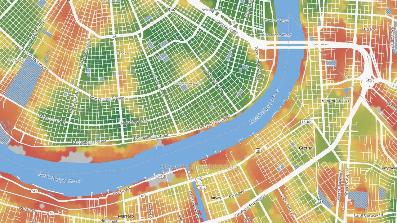 Walk Grade map of Irish Channel, New Orleans, LA, walkable areas in green and car-dependent areas in red