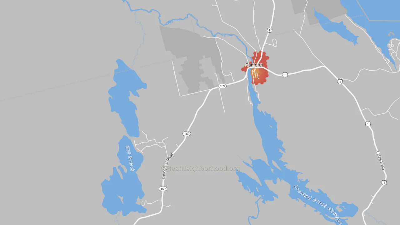 Walk Grade map of Irish Settlement, ME, walkable areas in green and car-dependent areas in red