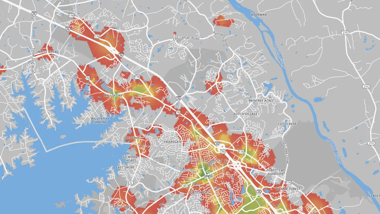 Walk Grade map of Irmo, SC, walkable areas in green and car-dependent areas in red