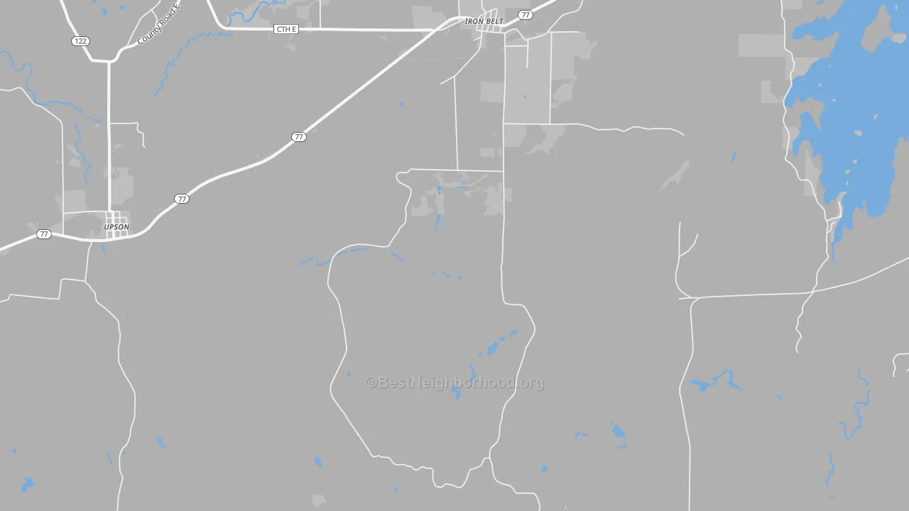 Walk Grade map of Iron Belt, WI, walkable areas in green and car-dependent areas in red