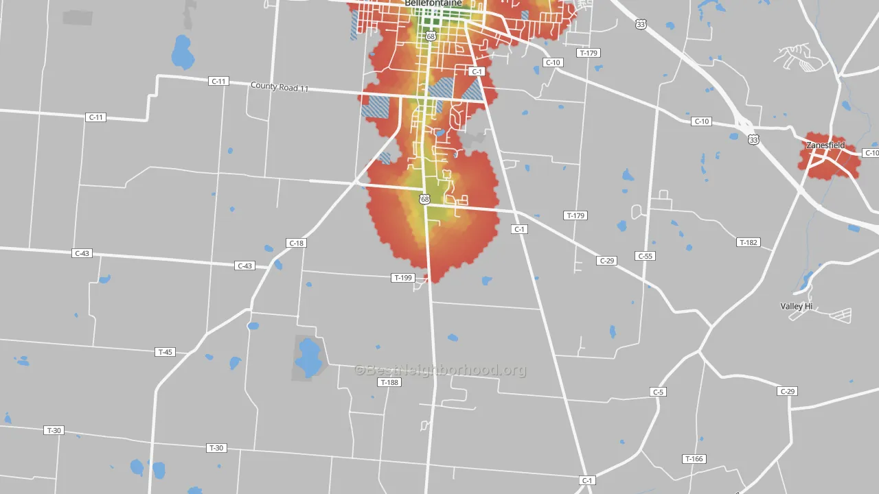 Walk Grade map of Iron City, OH, walkable areas in green and car-dependent areas in red