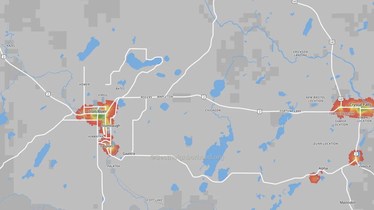 Walk Grade map of Iron County, MI, walkable areas in green and car-dependent areas in red