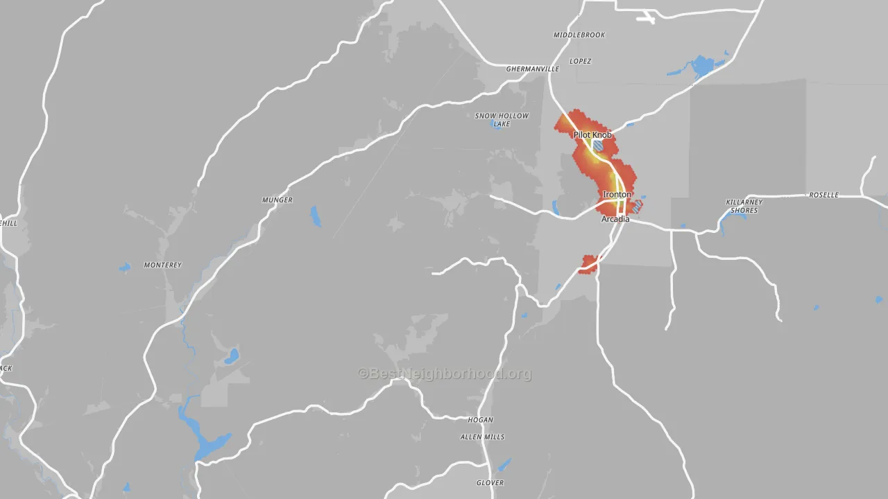 Walk Grade map of Iron County, MO, walkable areas in green and car-dependent areas in red