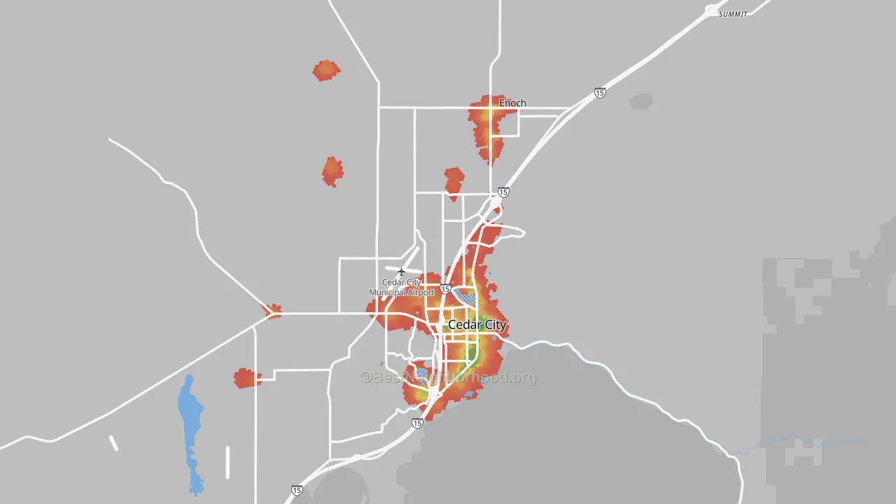 Walk Grade map of Iron County, UT, walkable areas in green and car-dependent areas in red