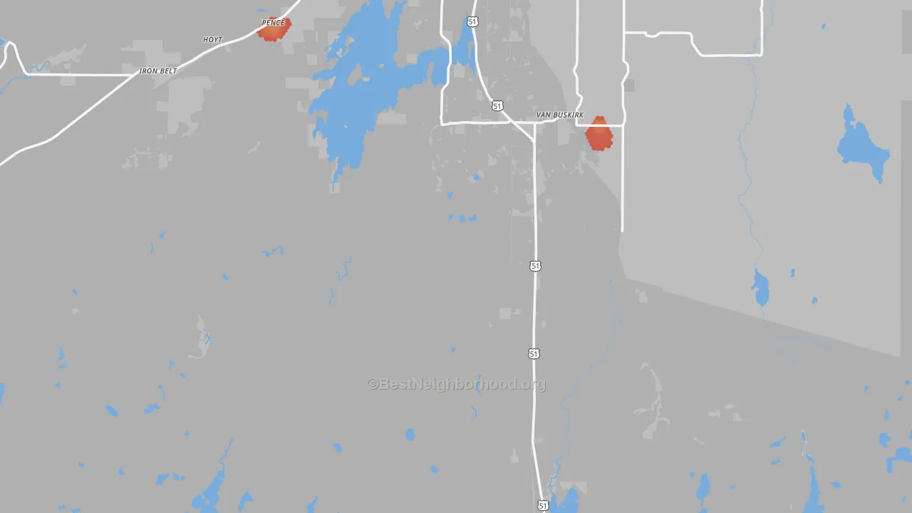 Walk Grade map of Iron County, WI, walkable areas in green and car-dependent areas in red