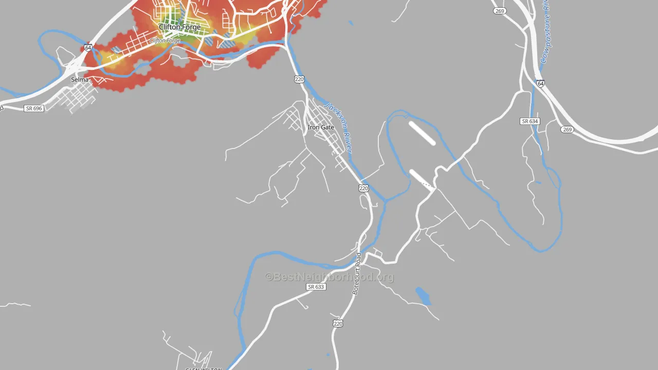 Walk Grade map of Iron Gate, VA, walkable areas in green and car-dependent areas in red