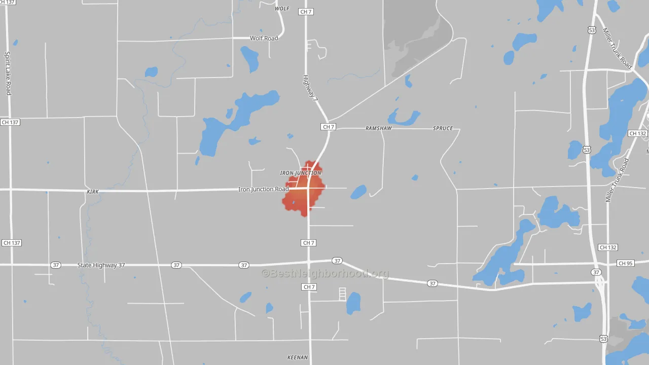 Walk Grade map of Iron Junction, MN, walkable areas in green and car-dependent areas in red