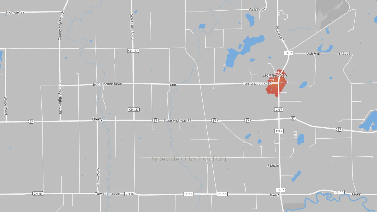 Walk Grade map of Iron, MN, walkable areas in green and car-dependent areas in red