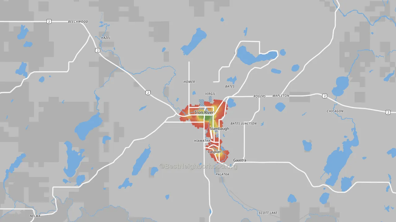 Walk Grade map of Iron River, MI, walkable areas in green and car-dependent areas in red
