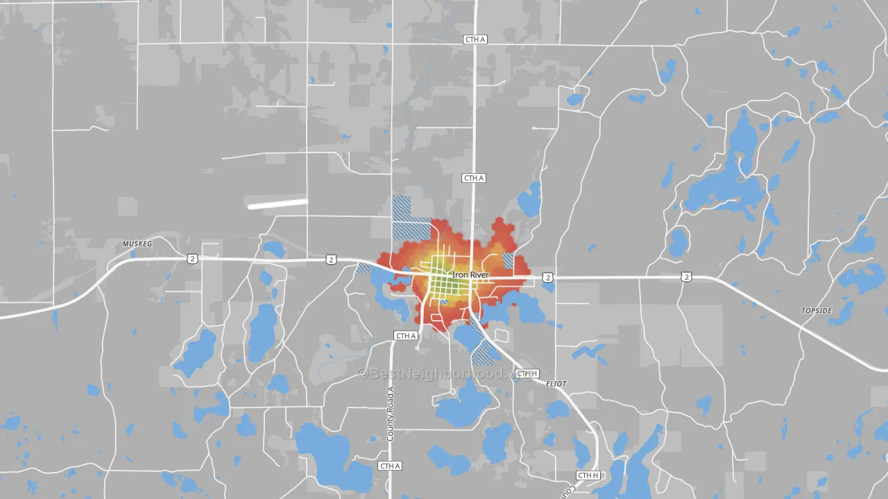 Walk Grade map of Iron River, WI, walkable areas in green and car-dependent areas in red