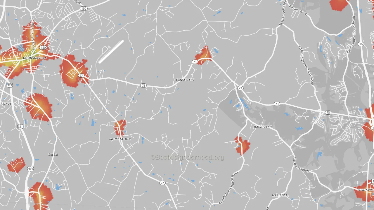 Walk Grade map of Iron Station, NC, walkable areas in green and car-dependent areas in red