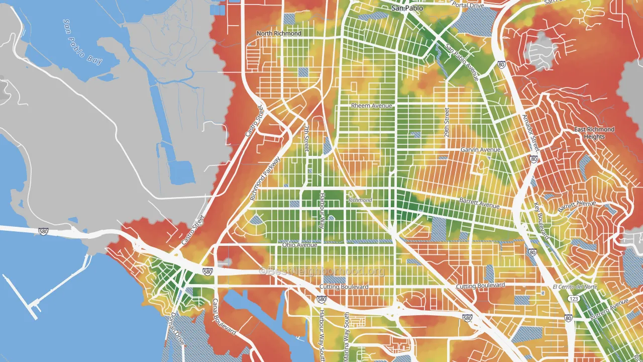 Walk Grade map of Iron Triangle, Richmond, CA, walkable areas in green and car-dependent areas in red