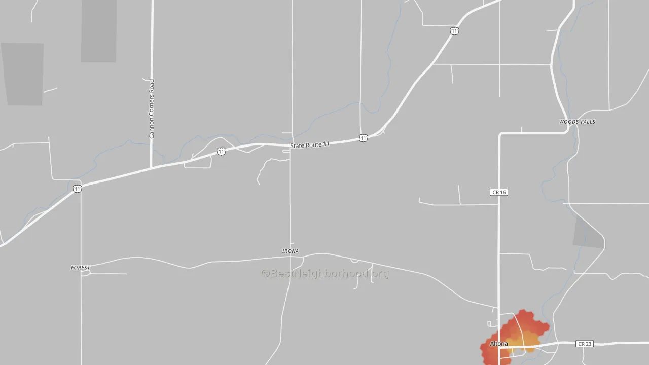 Walk Grade map of Irona, NY, walkable areas in green and car-dependent areas in red
