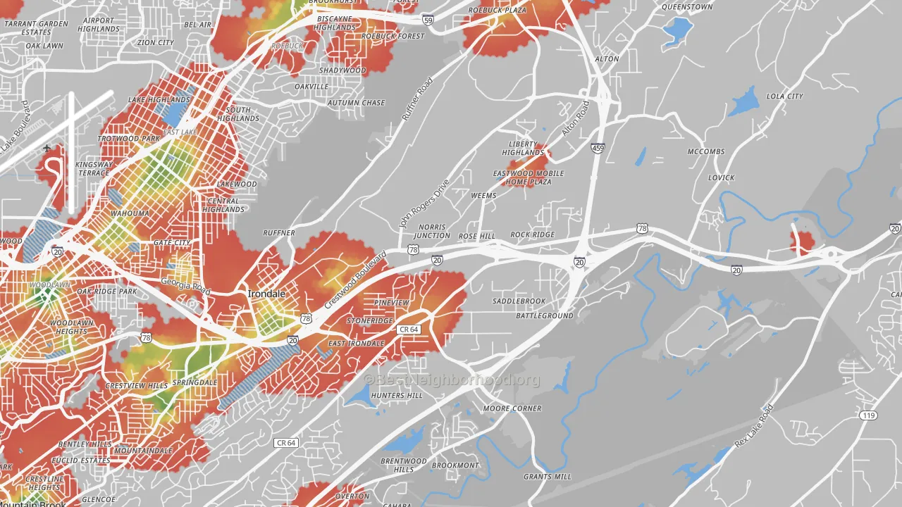 Walk Grade map of Irondale, AL, walkable areas in green and car-dependent areas in red