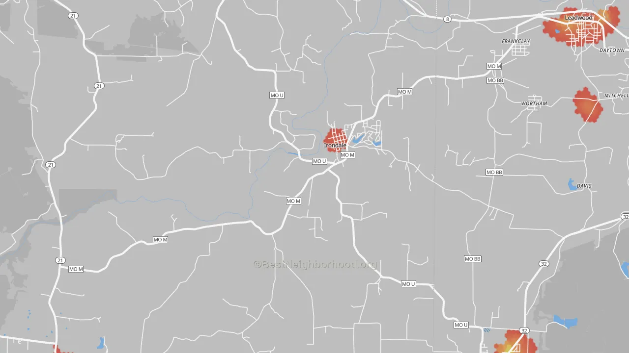 Walk Grade map of Irondale, MO, walkable areas in green and car-dependent areas in red