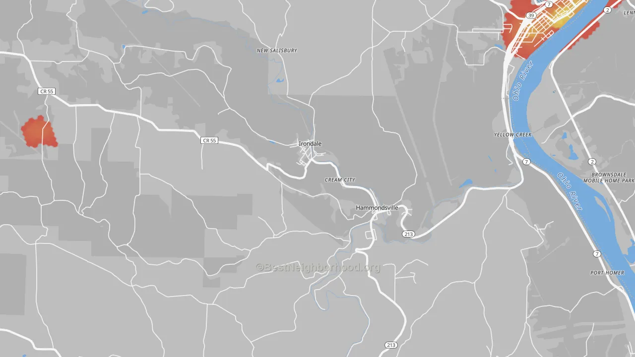 Walk Grade map of Irondale, OH, walkable areas in green and car-dependent areas in red