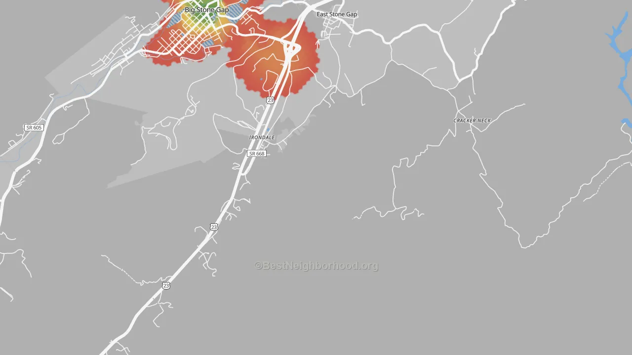 Walk Grade map of Irondale, VA, walkable areas in green and car-dependent areas in red