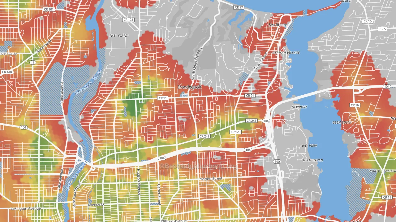Walk Grade map of Irondequoit, NY, walkable areas in green and car-dependent areas in red