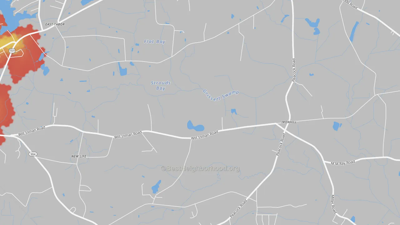 Walk Grade map of Ironhill, NC, walkable areas in green and car-dependent areas in red