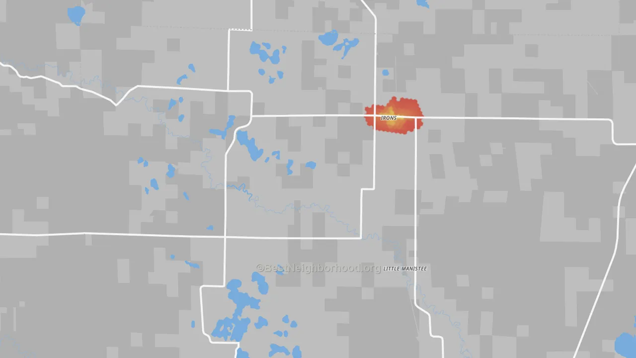 Walk Grade map of Irons, MI, walkable areas in green and car-dependent areas in red