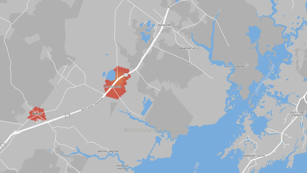 Walk Grade map of Ironshire, MD, walkable areas in green and car-dependent areas in red