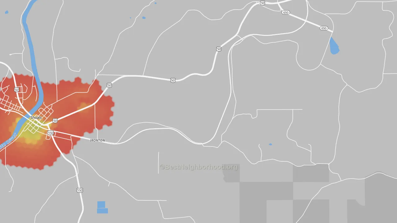 Walk Grade map of Ironton, IN, walkable areas in green and car-dependent areas in red