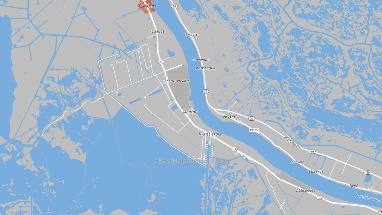 Walk Grade map of Ironton, LA, walkable areas in green and car-dependent areas in red